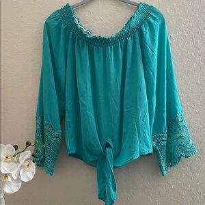 XOXO Turquoise Blouse with Crochet Details - Off the Shoulder or Cold Shoulder